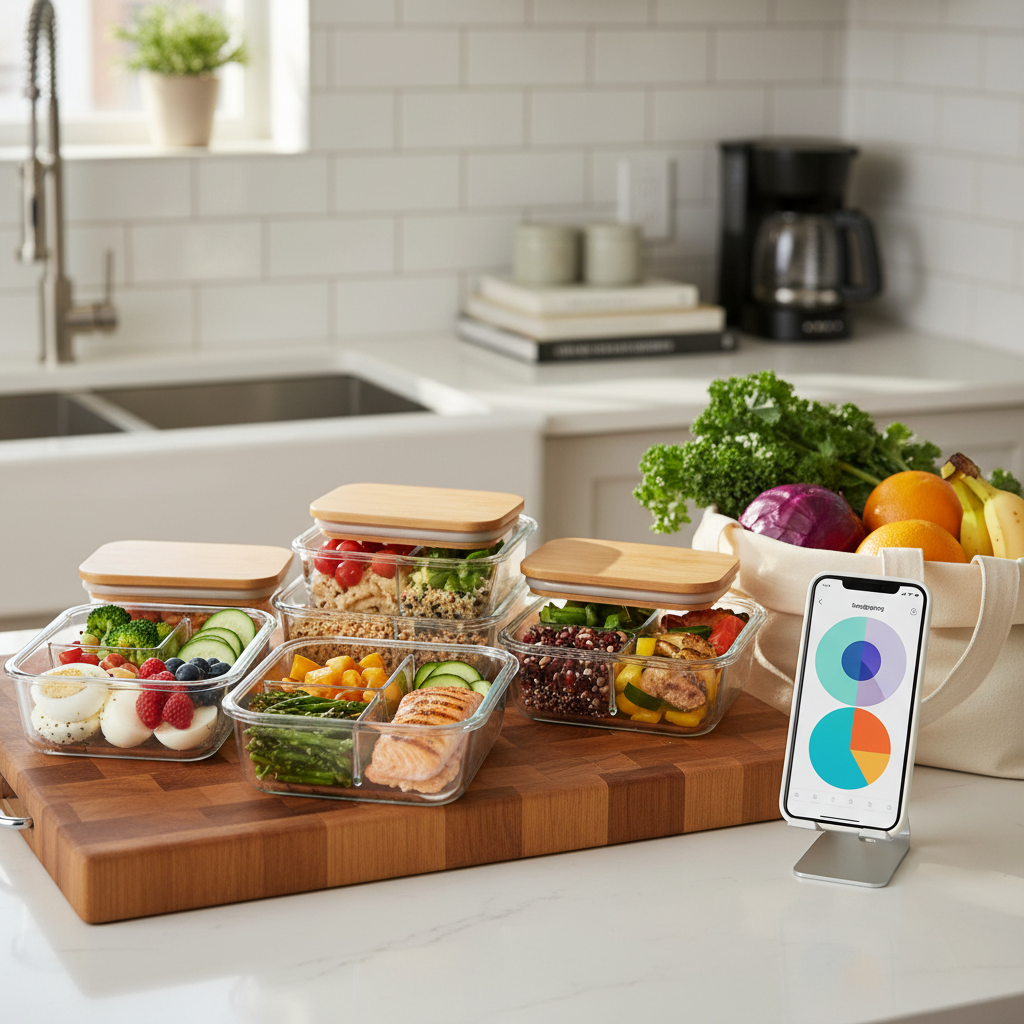 A bright kitchen countertop scene featuring a wooden cutting board with perfectly arranged meal-prep containers, each filled with vibrant vegetables, grilled chicken, and neatly labeled lids without visible text. Beside them, a smartphone on a stand shows a colorful budgeting or shopping app interface made of simple shapes, and a reusable canvas tote overflows with fresh produce. Natural afternoon light streams through an unseen window, casting soft reflections on the glossy white tiles and stainless-steel sink. Photographic realism, slightly elevated angle, sharp focus on the containers with a subtle bokeh background, creating a lively, efficient, and optimistic mood about daily life hacks and savings.