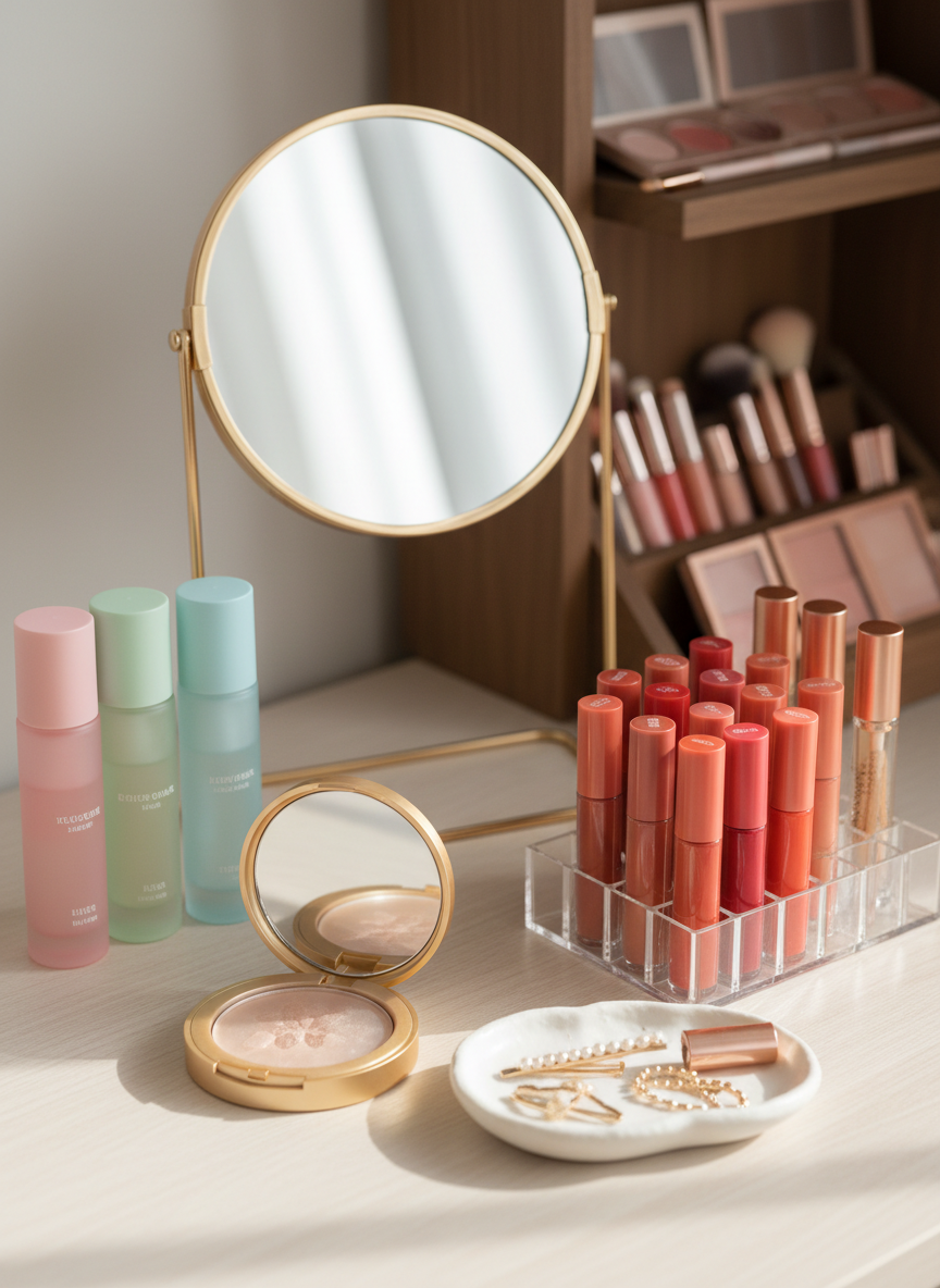 A playful vanity tabletop filled with everyday beauty discoveries: a circular mirror with a thin gold frame reflecting soft daylight, minimalistic pastel skincare bottles, an open compact showing a finely milled powder, and a clear acrylic organizer lined with lip tints in warm, cheerful shades. A small ceramic tray holds delicate hair clips and a travel-sized perfume bottle with a frosted finish. The surface is a pale wooden desk near a window, where diffused morning light creates gentle highlights on glass and metal edges. Photographic realism, eye-level composition, shallow depth of field that softly blurs a background shelf of neatly arranged cosmetics, capturing a bright, uplifting, and playful beauty-enthusiast mood.