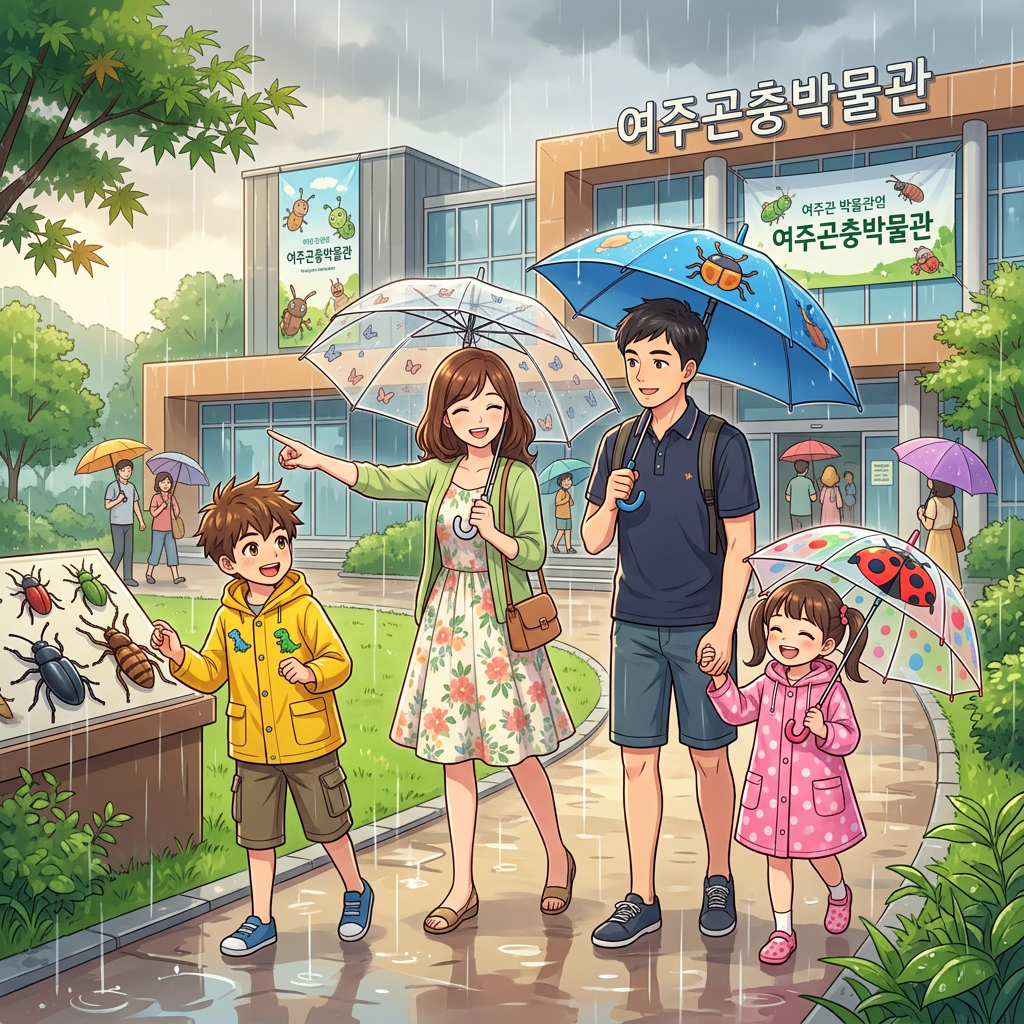 Family of four with colorful umbrellas visiting an insect museum on a rainy day
