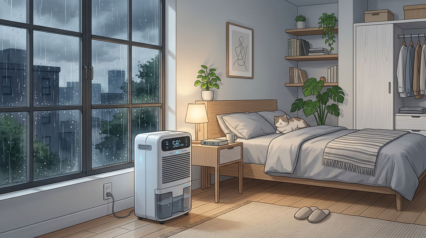 Bedroom with cat on bed, dehumidifier, and rainy window