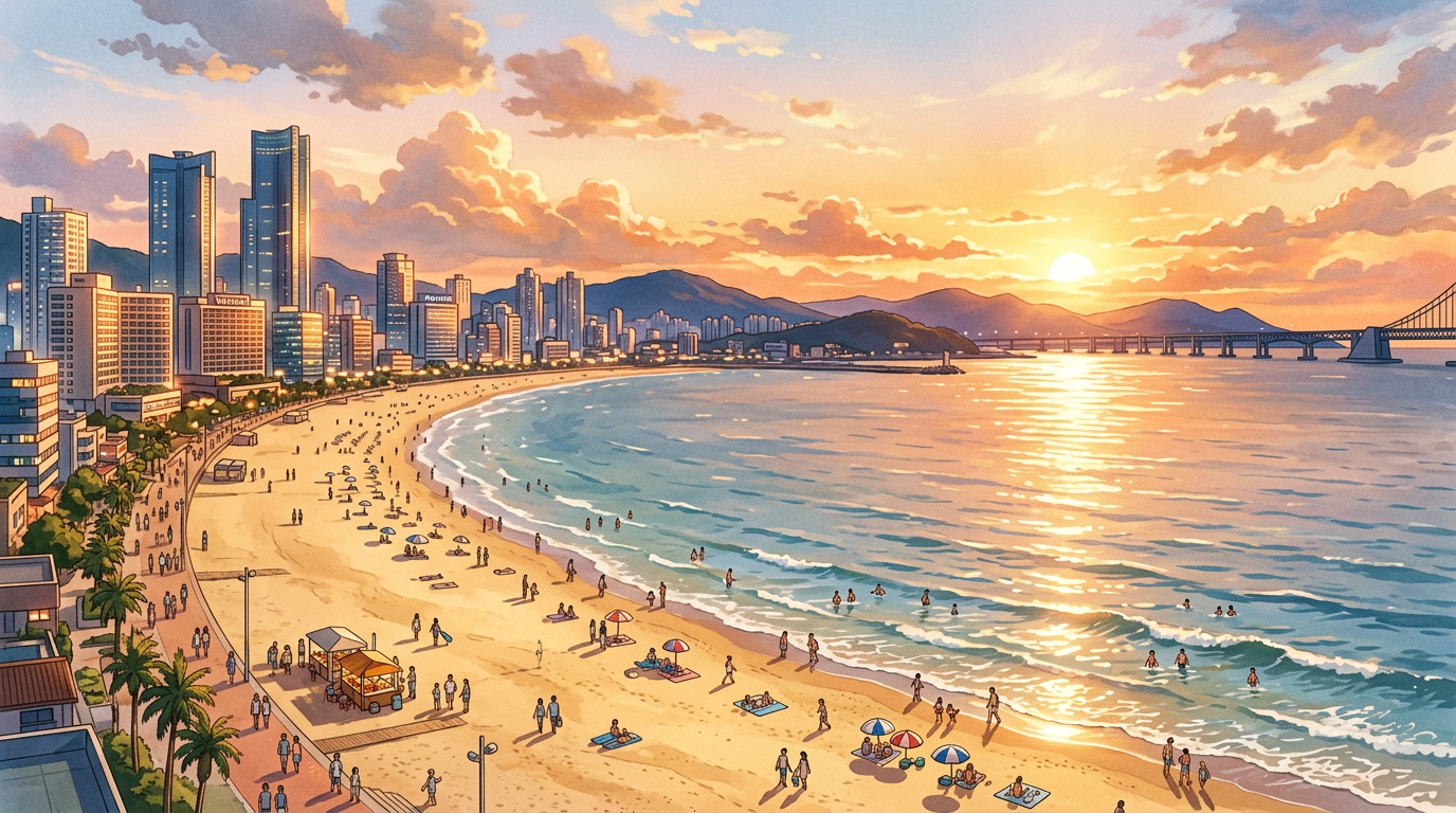Beach with people swimming, relaxing, city skyline, and setting sun