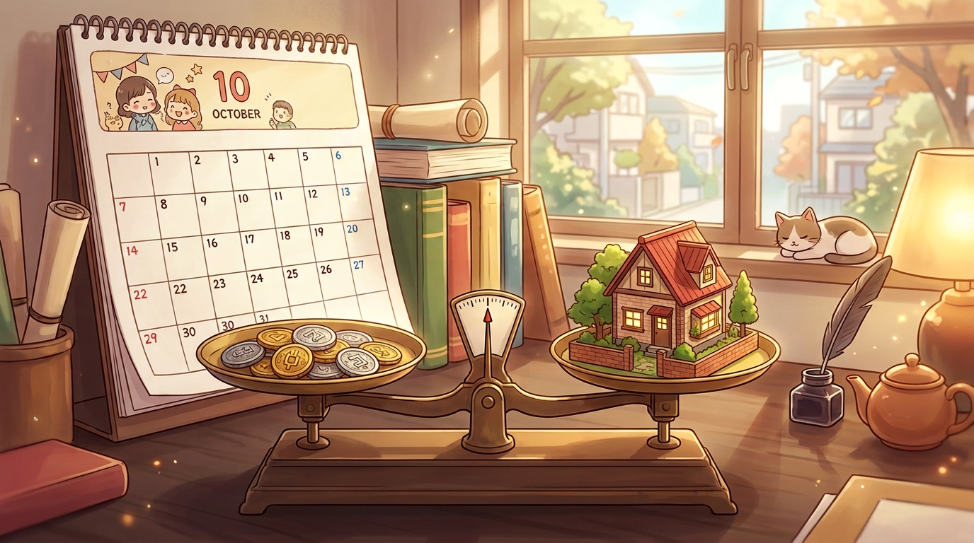 Scales balancing coins on one side and a miniature house on the other side