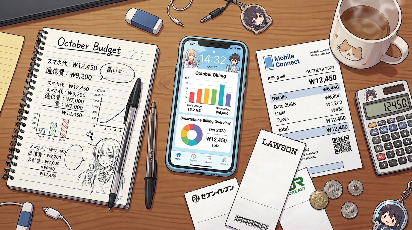 Desk with smartphone displaying October billing summary, budget notebook with handwritten notes and graphs, mobile bills, receipts, calculator, and a coffee cup.