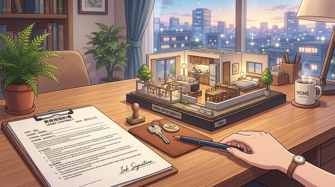 Lease contract, apartment model, keys, and hand holding pen on desk