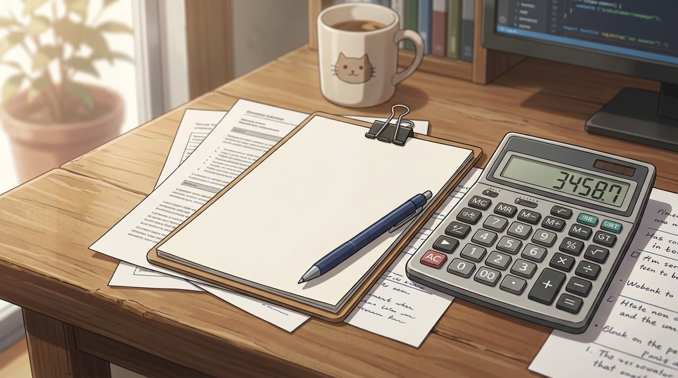 Wooden desk with clipboard checklist in Japanese, calculator showing 34587, pen, papers, and coffee mug with cat face