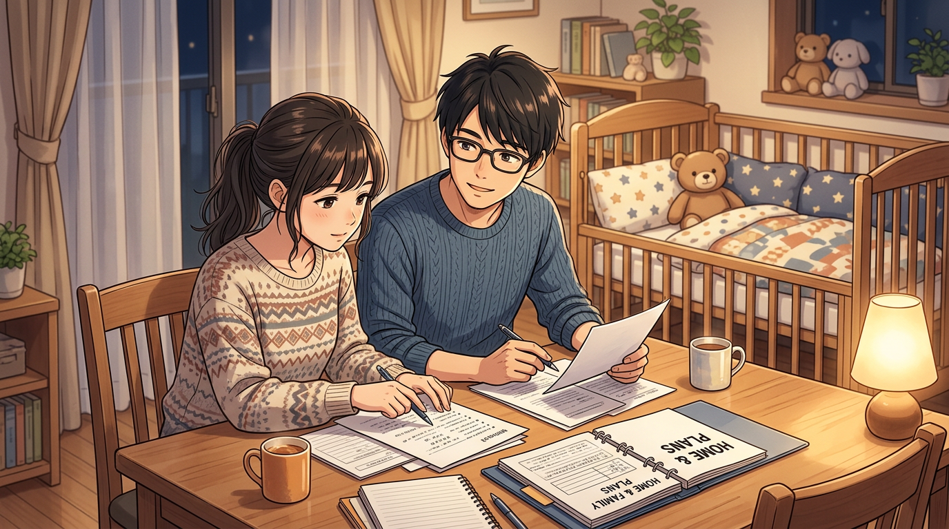Couple sitting at a table reviewing home and family planning documents in a warm room