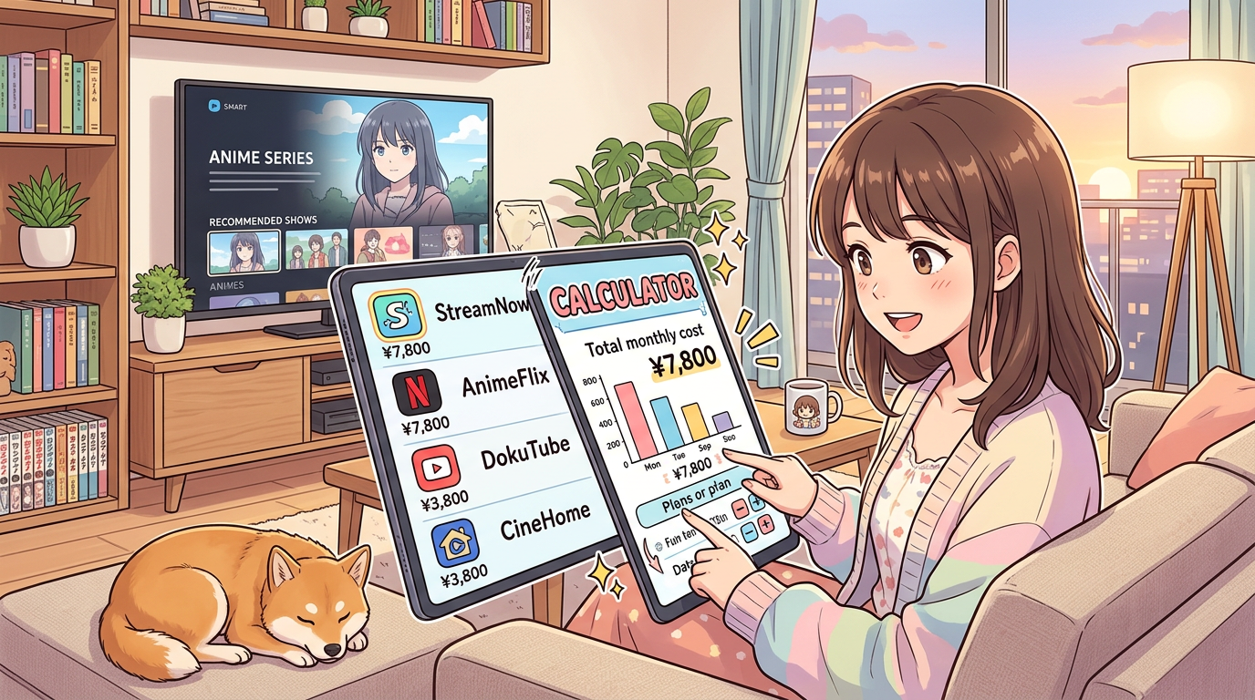 Woman using a tablet to calculate total monthly streaming subscriptions cost
