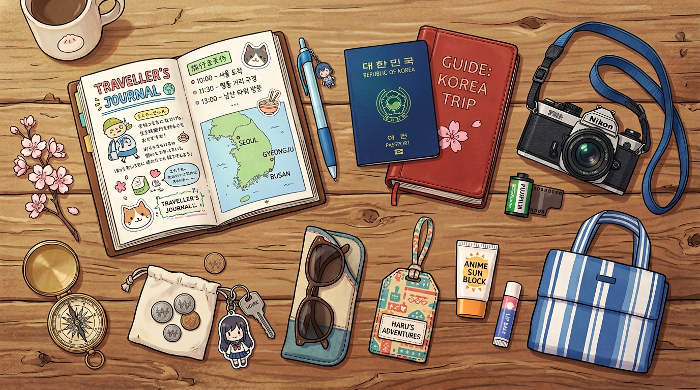 Traveler’s journal open to Japan trip notes and map, Japanese passport, Nikon camera, compass, sunglasses, coin pouch with yen coins, key with anime character keychain, sunblock, lip balm, striped bag, and travel tag on wooden surface.