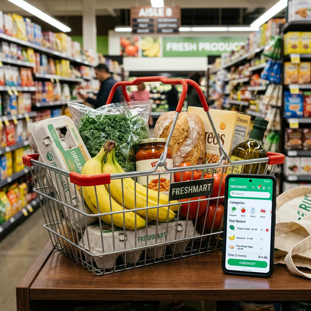 Shopping basket with bananas, kale, eggs, bread, tomatoes, cereal, olive oil, and a phone showing grocery app checkout