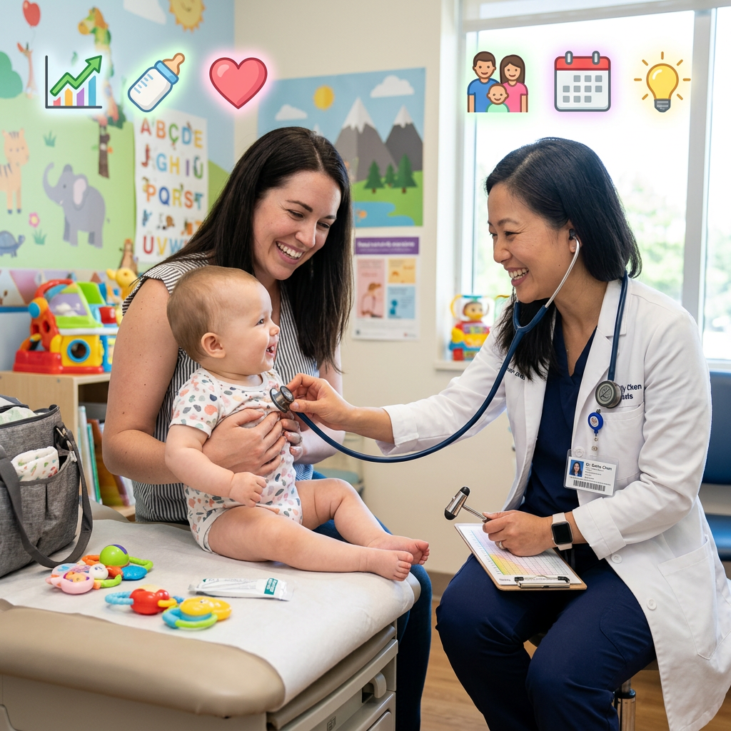 Doctor examining baby with stethoscope held by mother in colorful pediatric clinic