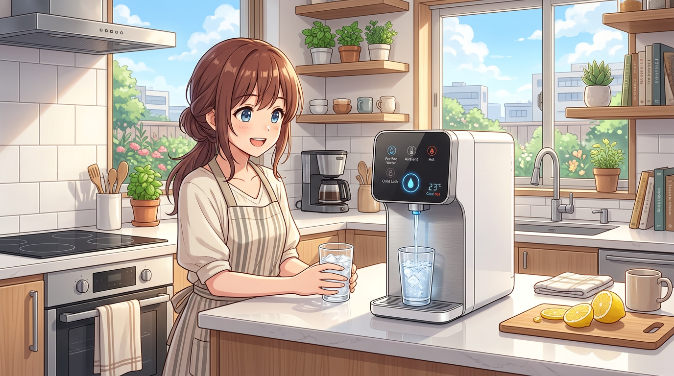 Woman holding a glass as a water dispenser fills it with ice water in a modern kitchen