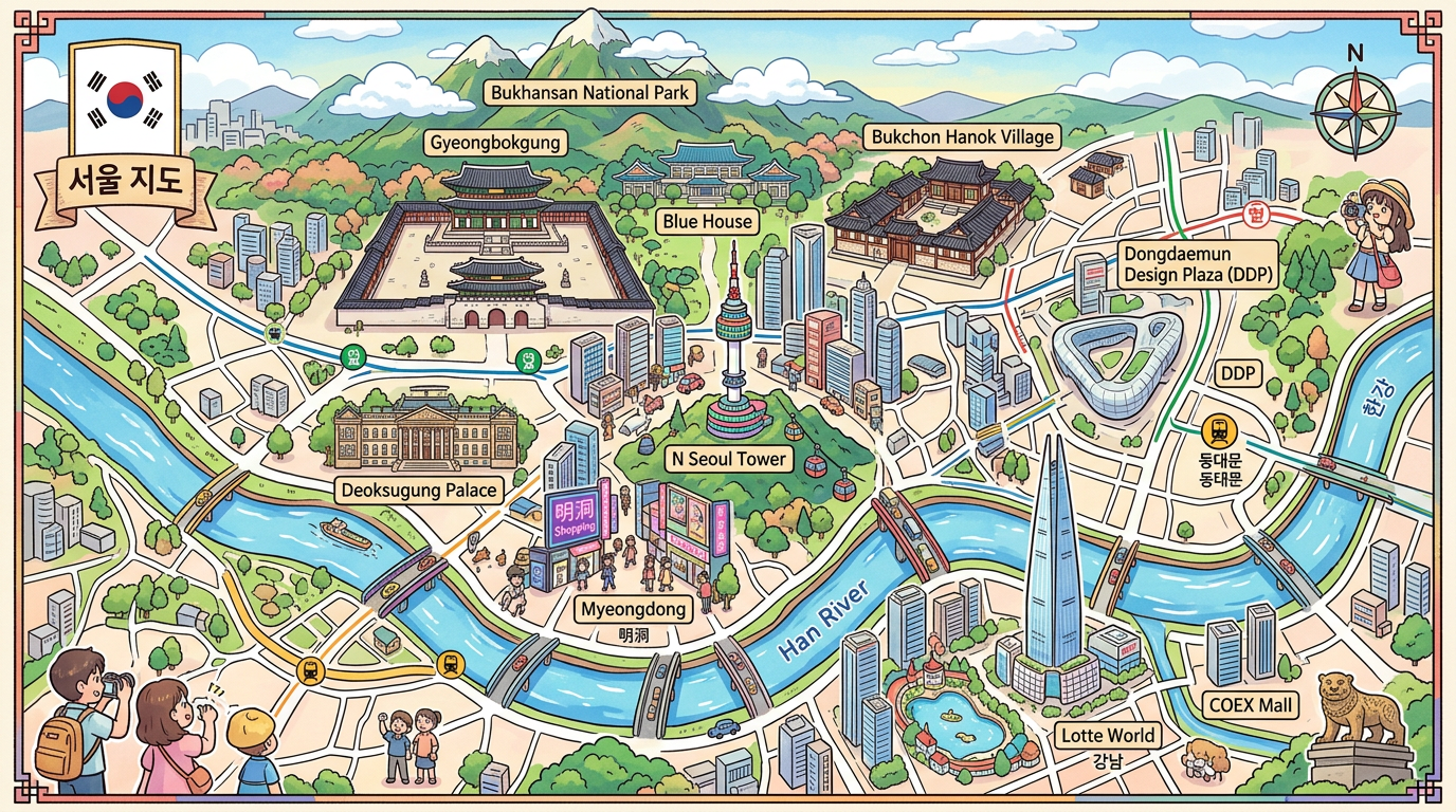 Illustrated map of Seoul featuring landmarks like Gyeongbokgung, N Seoul Tower, Bukchon Hanok Village, and Han River.