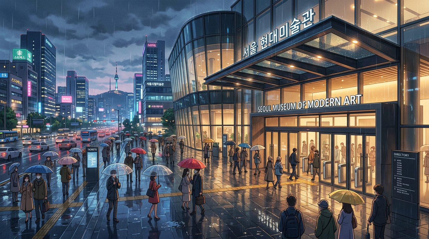 People with umbrellas walking and entering Seoul Museum of Modern Art on rainy city street