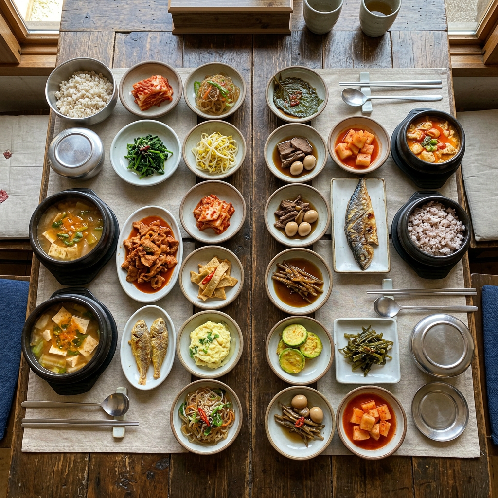 Two place settings of traditional Korean food with multiple banchan dishes, soups, grilled fish, and rice on a rustic wooden table.