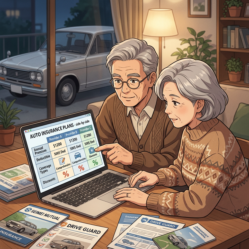 Elderly couple looking at auto insurance plans on a laptop screen