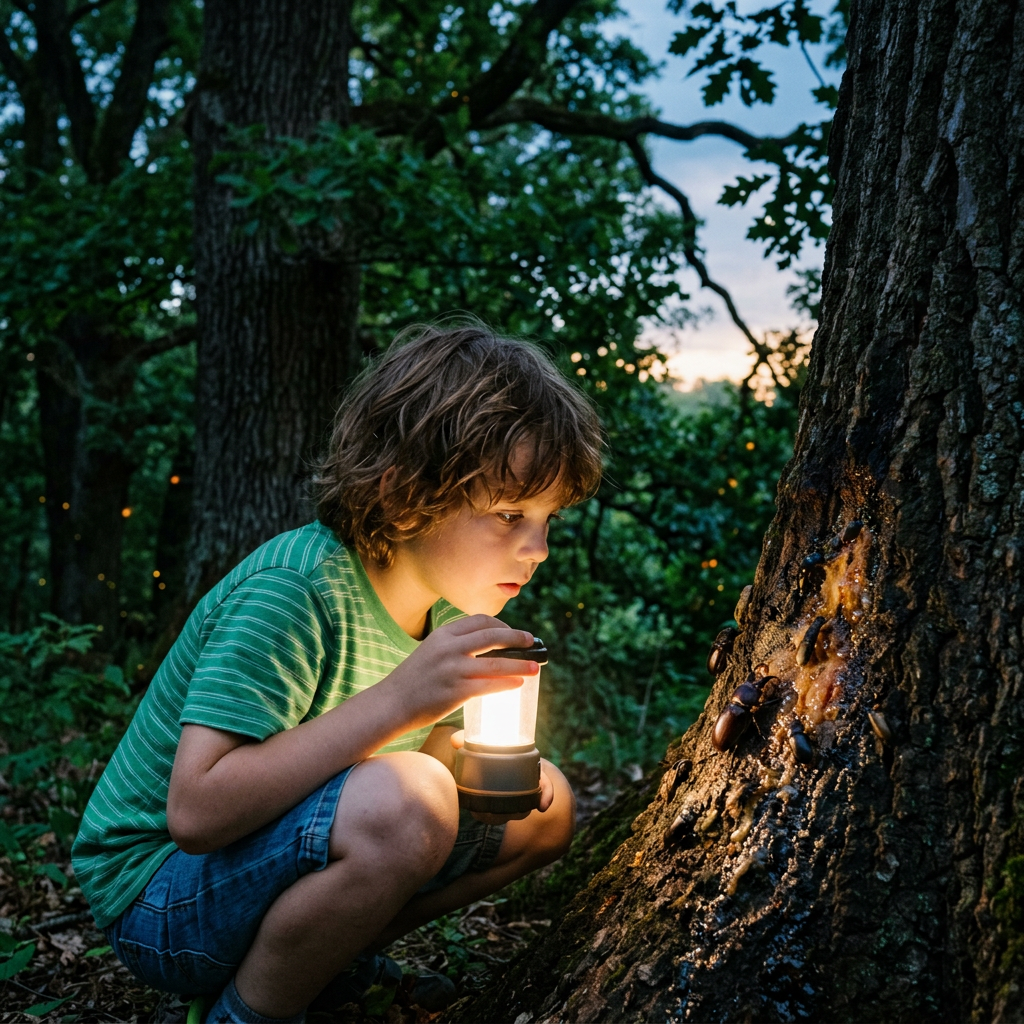 Child holding lantern and examining beetles on tree bark at dusk
